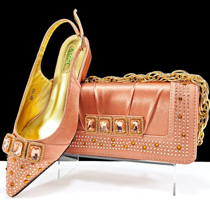 New Italian Olive Pumps and Bag for Party 2024 INS Style Pointed-Toe Rhinestone Elegant Low Heels Wedge for Wome