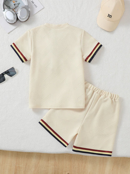 Boys Big Kids Casual Striped Short Sleeve Shorts Set Summer Fashionable Comfortable Versatile Outdoor Scene Suitable Outfit