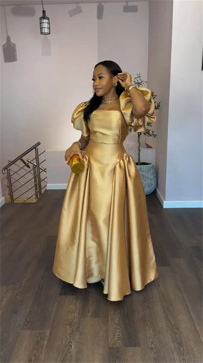 Elegant Dress for Women's Puff Sleeve Square Collar Gold Solid Pleated A-line Evening Party Cocktail Maxi Dresses