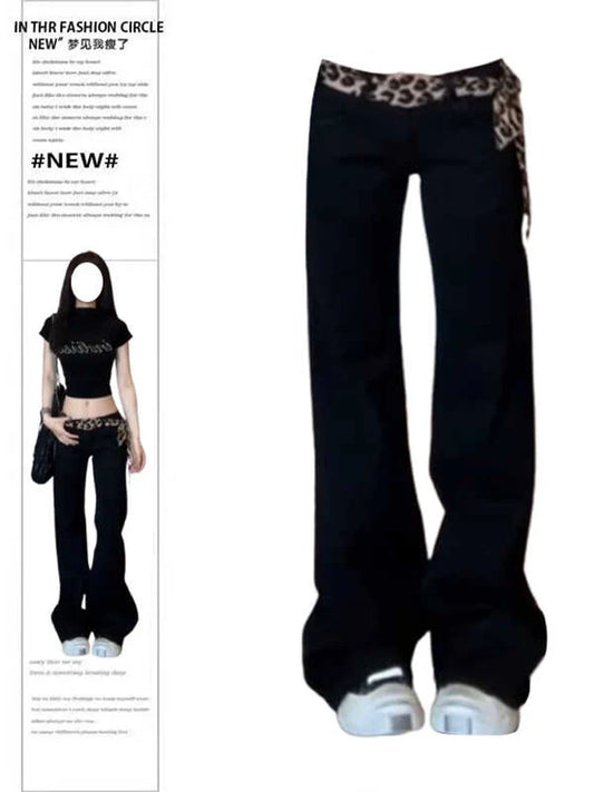 Women  Dark Academia Korean Slim Harajuku Y2K Low Rise Denim Flare Pants 2000s Kpop Bell-Bottom Long Trousers Abi Black Jean