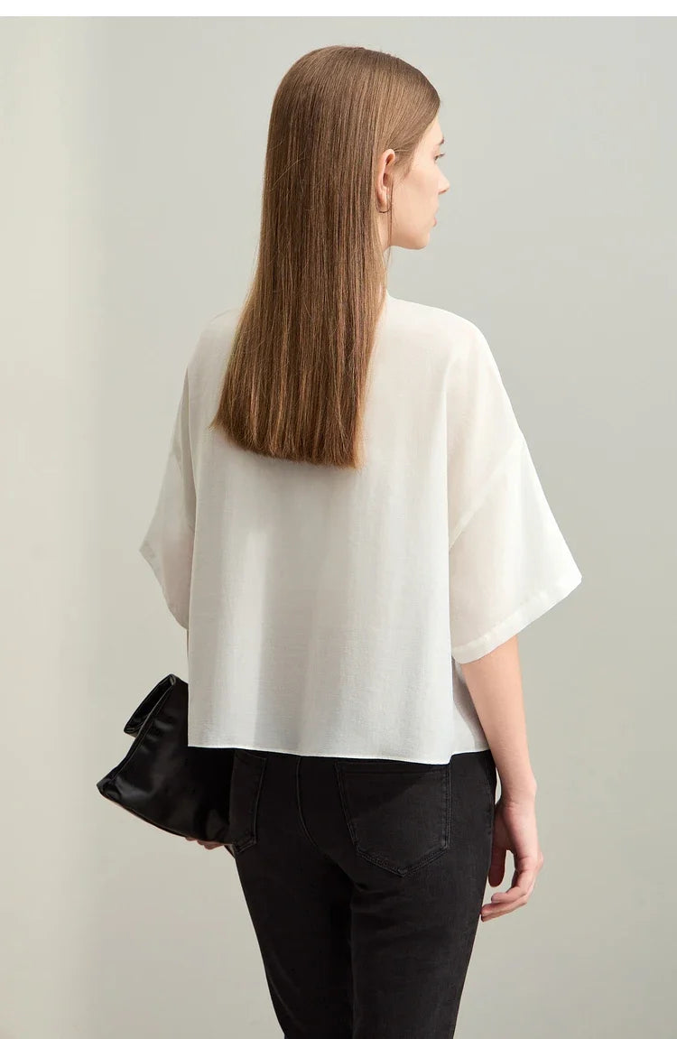 Minimalism 2025 Women Shirt Summer New Commuter Stand Collar Asymmetric Female Blouse Drop Shoulder Loose Tops 12422008