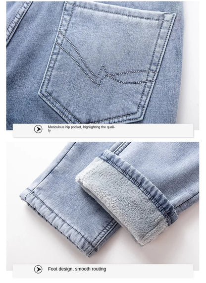 Winter Fleece Thick Warm Jeans Classic Brand Business Casual Men's Fitted Straight Stretch Mid-high Waist Denim Jeans