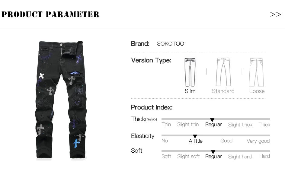 Men Crystal Cross Stretch Denim Jeans Holes Ripped Distressed Black Pants Embroidery Slim Tapered Trousers