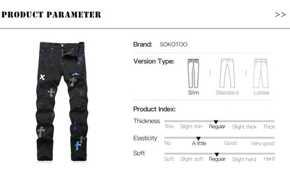 Men Crystal Cross Stretch Denim Jeans Holes Ripped Distressed Black Pants Embroidery Slim Tapered Trousers