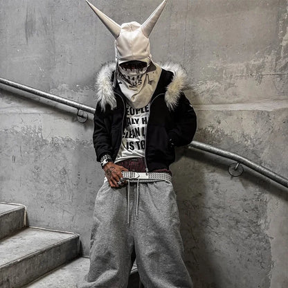 2025 Autumn/Winter New Y2k Sweatshirts Harajuku Artificial Fur Collar Hoodie Clothing Pattern Hip Hop Punk Gothic Zipper Hoodie