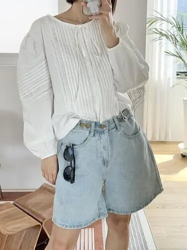New 2024 Summer Denim Shorts For Women High Waist Sky Blue Color Wide Leg Loose Buttons Streetwear Loose Jean Shorts Women