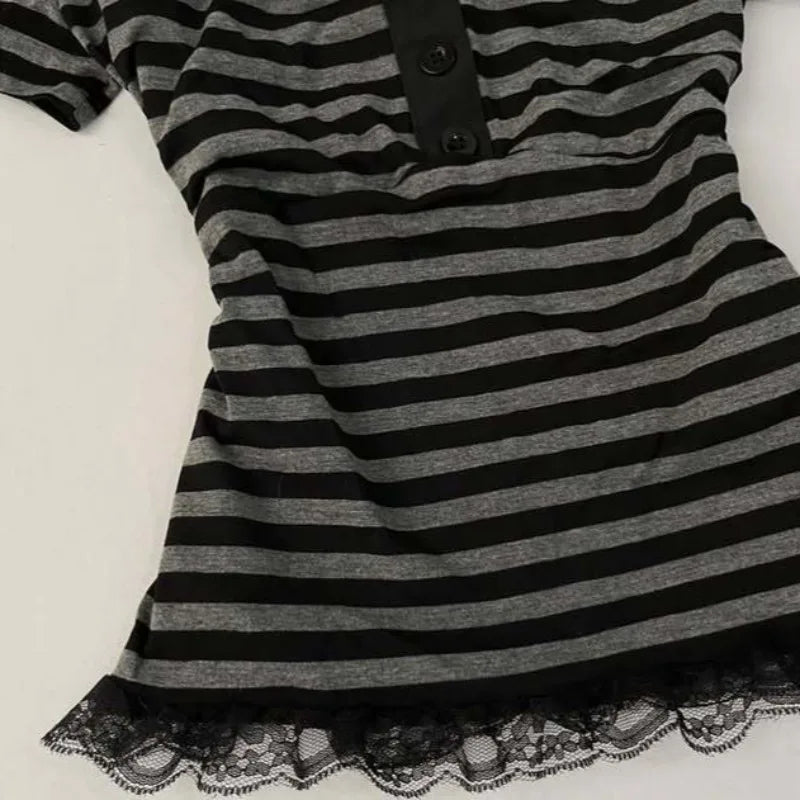 Gothic Harajuku Y2K Women's Crop Top Casual Slim Fit Striped Lace Bow Button Design Short Sleeve T-Shirt Chic Trendy Streetwear