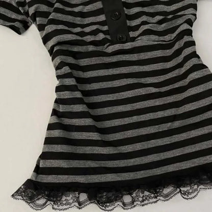 Gothic Harajuku Y2K Women's Crop Top Casual Slim Fit Striped Lace Bow Button Design Short Sleeve T-Shirt Chic Trendy Streetwear