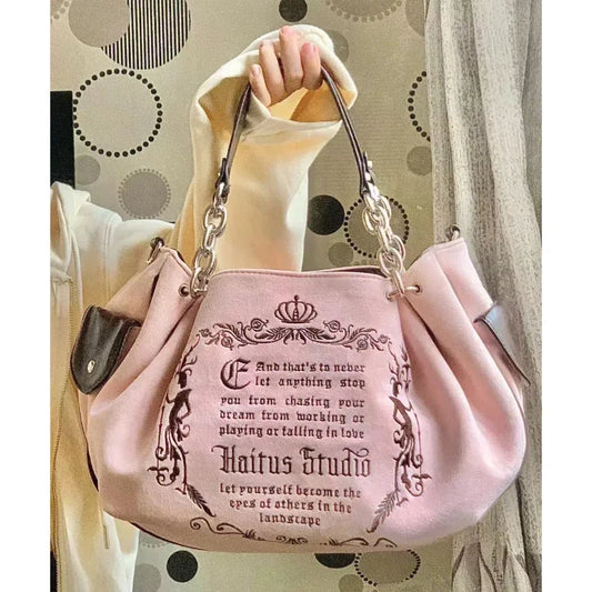 Embroidery Letter Tot Bag Women New In Large Capacity Retro Gothic Handbag Free Shiping Niche Desing Brand Soft Crossbody Bag