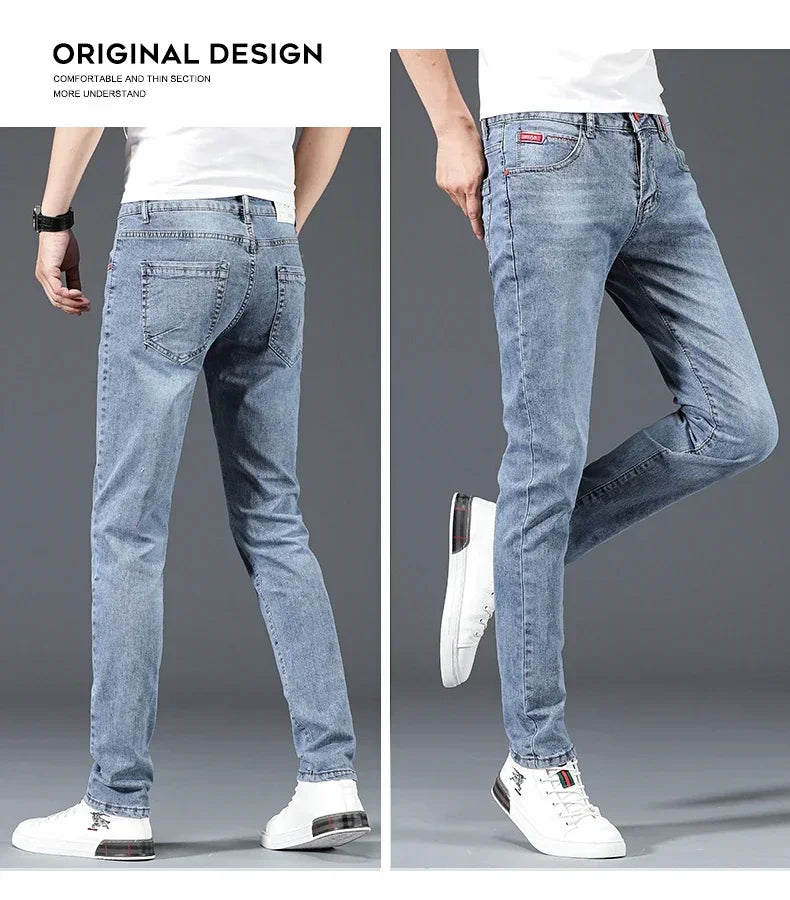 2025 New Men's Cotton Business Casual Skinny Jeans Trendy Fashionable Stretch Straight Slim Denim Trousers Male Blue Grey