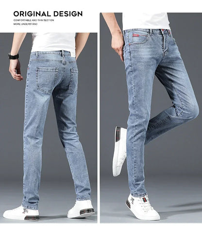 2025 New Men's Cotton Business Casual Skinny Jeans Trendy Fashionable Stretch Straight Slim Denim Trousers Male Blue Grey