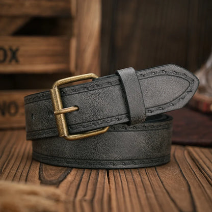 A Men's and Women's Matching Belt with Retro Button Closure, PU Faux Thread Embossed Belt, Casual Style, Versatile.