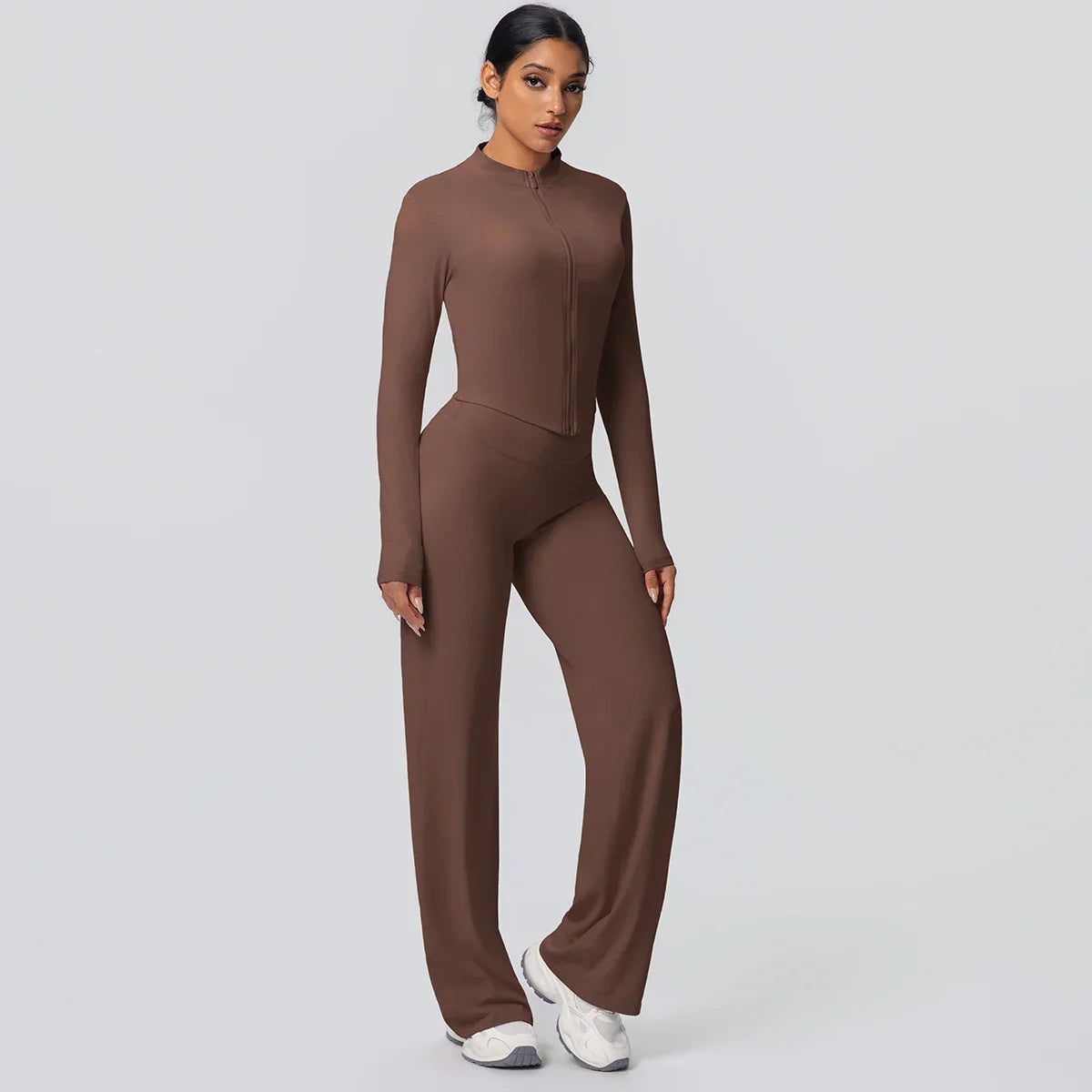 2pieces Quick Drying Sports Fitness Clothing Yoga Set Women Yoga Zipper Long Dleeves High Waisted Breathable Wide Leg Pants Set
