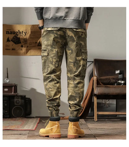 Length Men's Cargo Pant Cotton Stretch Casual Camouflage Trouser Male Camo Cuff Jogger Multi Zip Pocket Outfit Zipper Tied