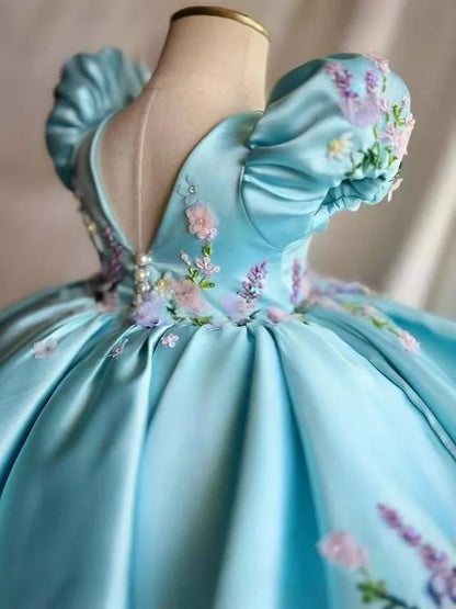Flower Girl Dress Satin 3D Floral Butterfly Puff Sleeve Ball Gown Wedding Gown First Christmas Party Dress For Girlsفساتين