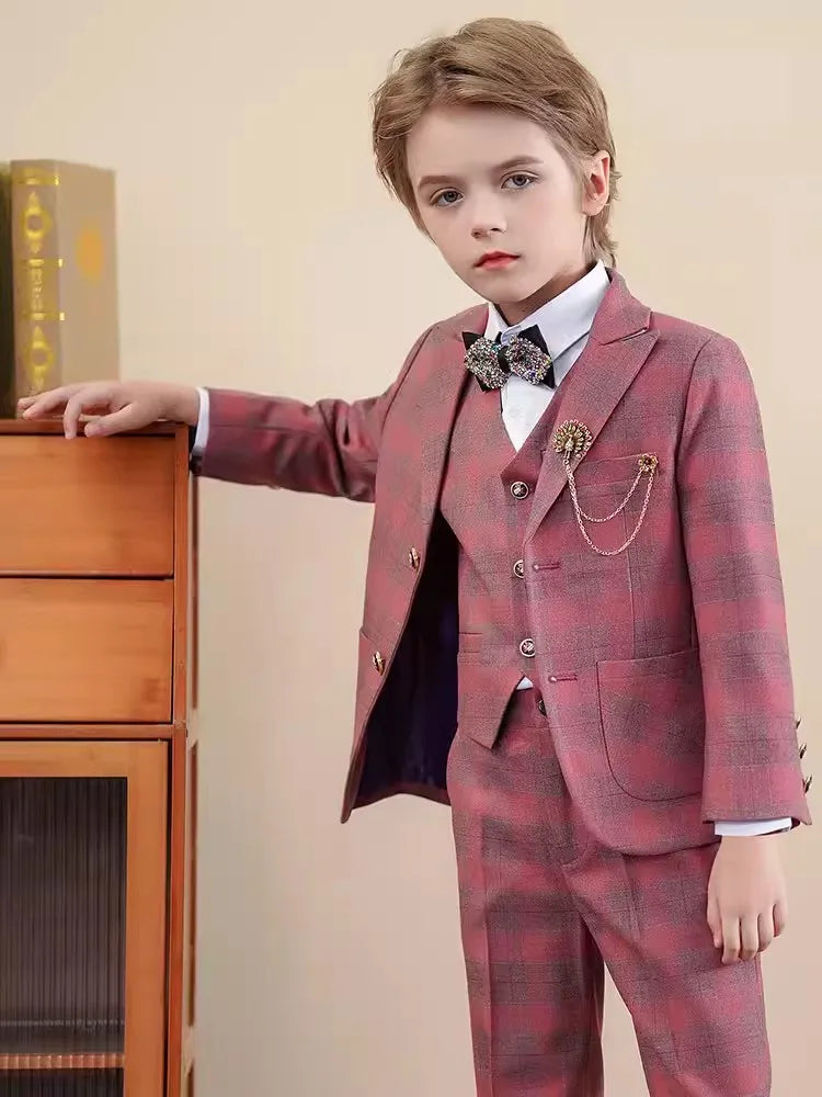 Children Red Jacket Vest Pants 3PCS Photograph Suit Boys Wedding Dress Prince Kids Tuxedo Set Teenager Birthday Party Costume