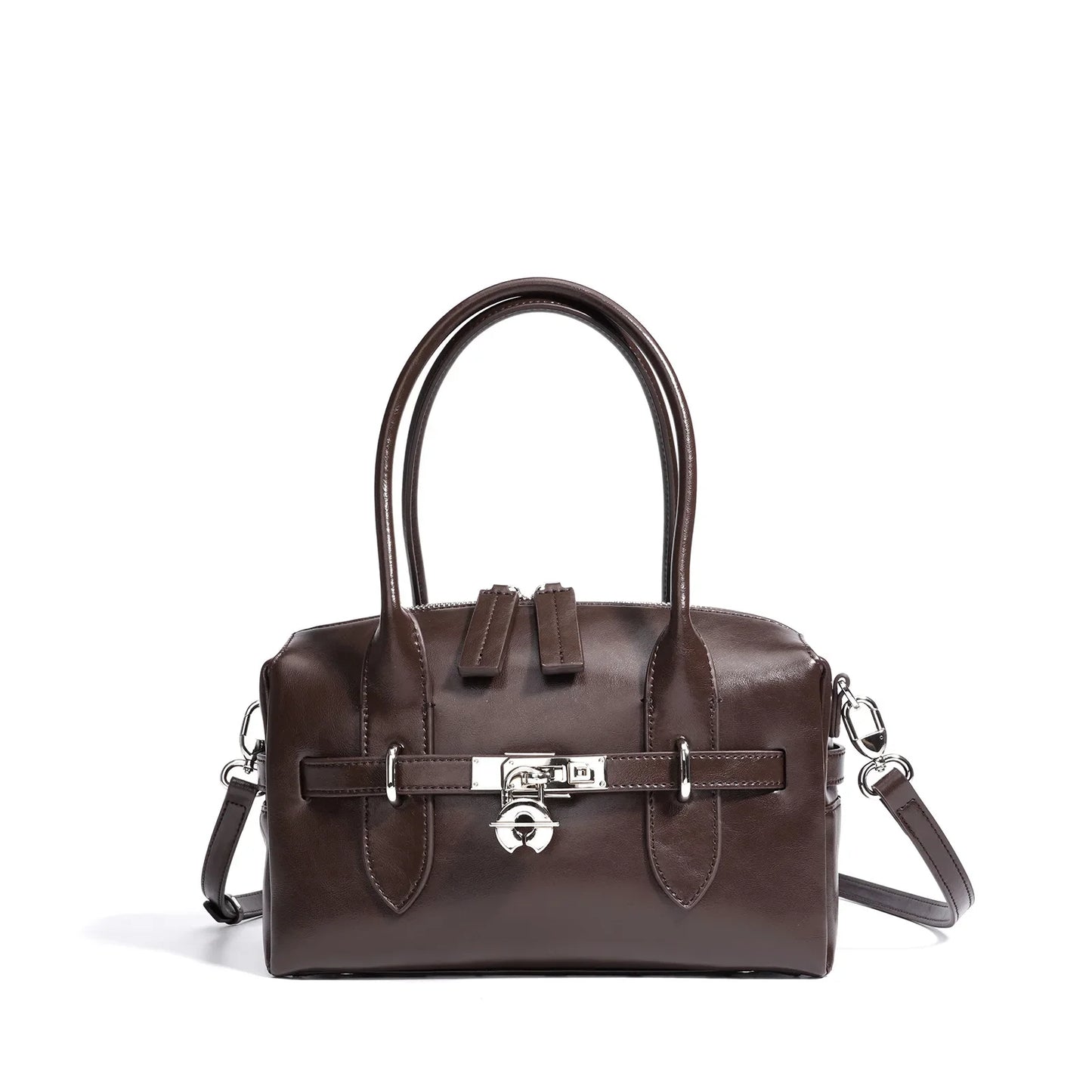 2025 Fall Winter New Top Grain Leather Spacious Boston Bag Lock Design Single Shoulder Crossbody Pack Women Commuting Handbag