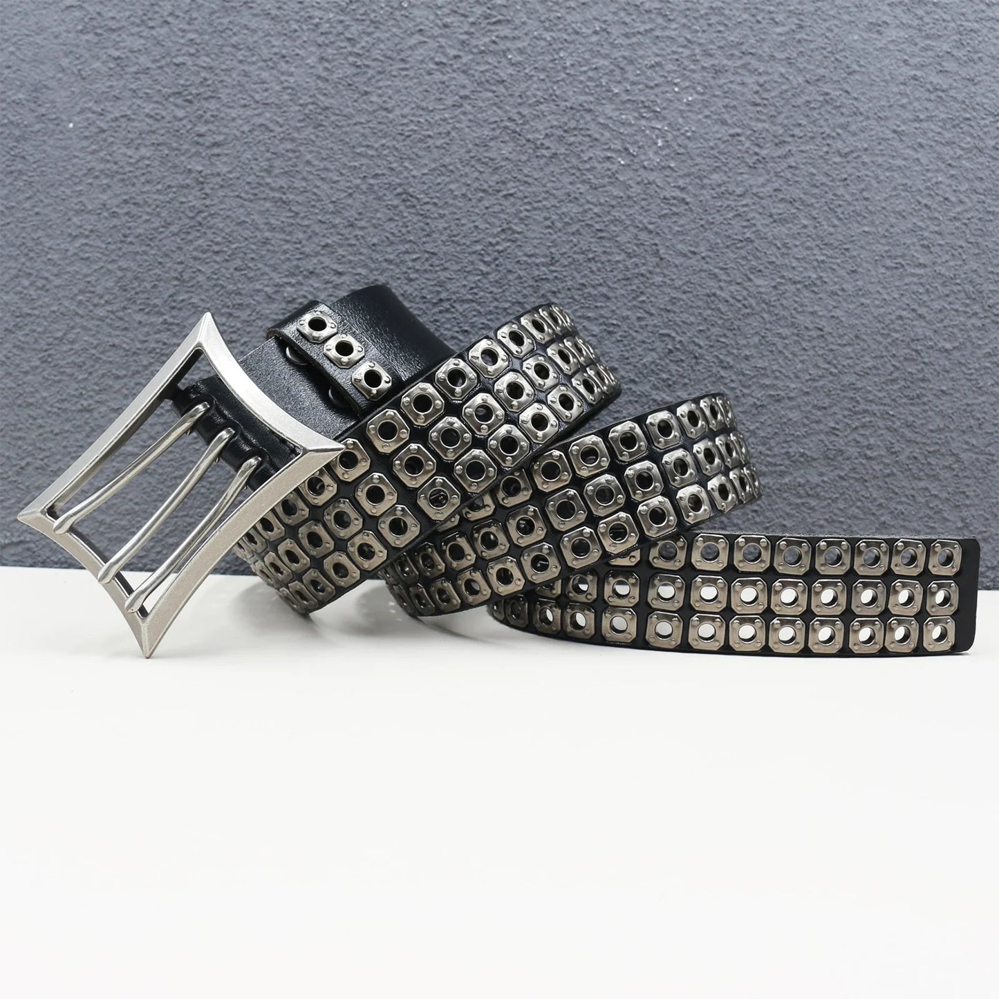 Rock Genuine Leather Luxury Punk Belt Jeans Heavy duty Hollow manual  Designer Brand Belt Men Rivet Three-pin buckle Belt Male