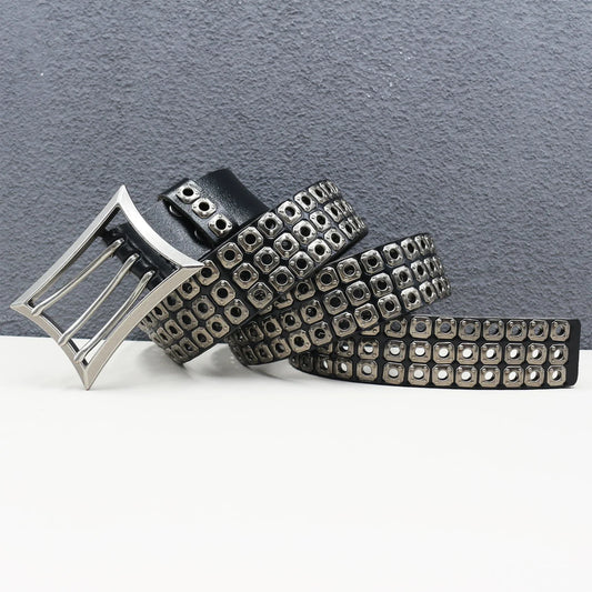 Rock Genuine Leather Luxury Punk Belt Jeans Heavy duty Hollow manual  Designer Brand Belt Men Rivet Three-pin buckle Belt Male