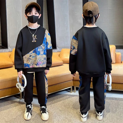 Boys Cotton Cartoon Print Patchwork Workout Sweatshirt+Sweatpant Sets Children 2PCS Tracksuit School Kids Jogging Outfits 5-16Yr