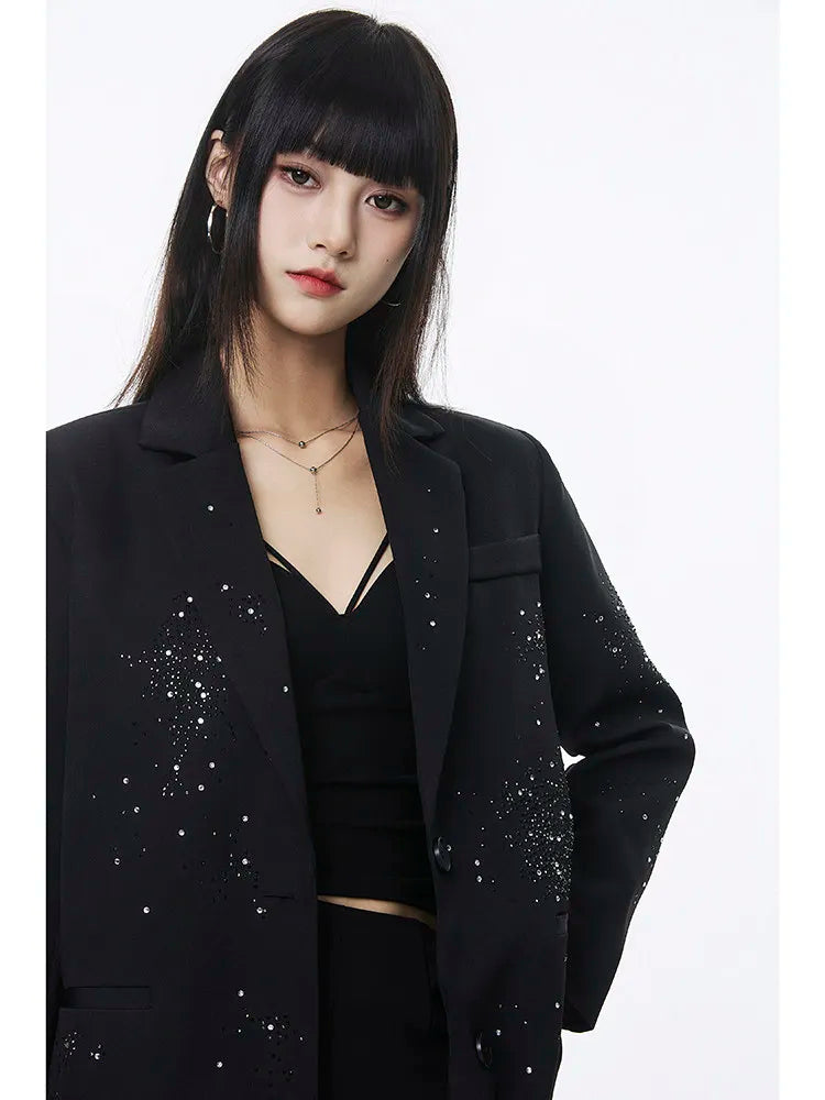 Women's Rhinestone Blazer Long Sleeve Suit Jacket Designer Loose Fit Office Casual Sparkly Blazer Fashion Outerwear Coat
