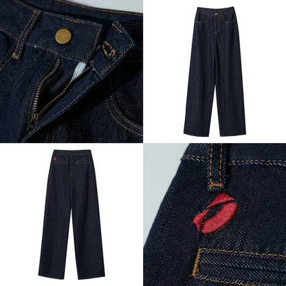 Minimalist Women Casual Jeans 2025 Autumn Korean Style Embroidery Loose Denim Wide Leg Pants Luxury Jeans Trousers 12543142