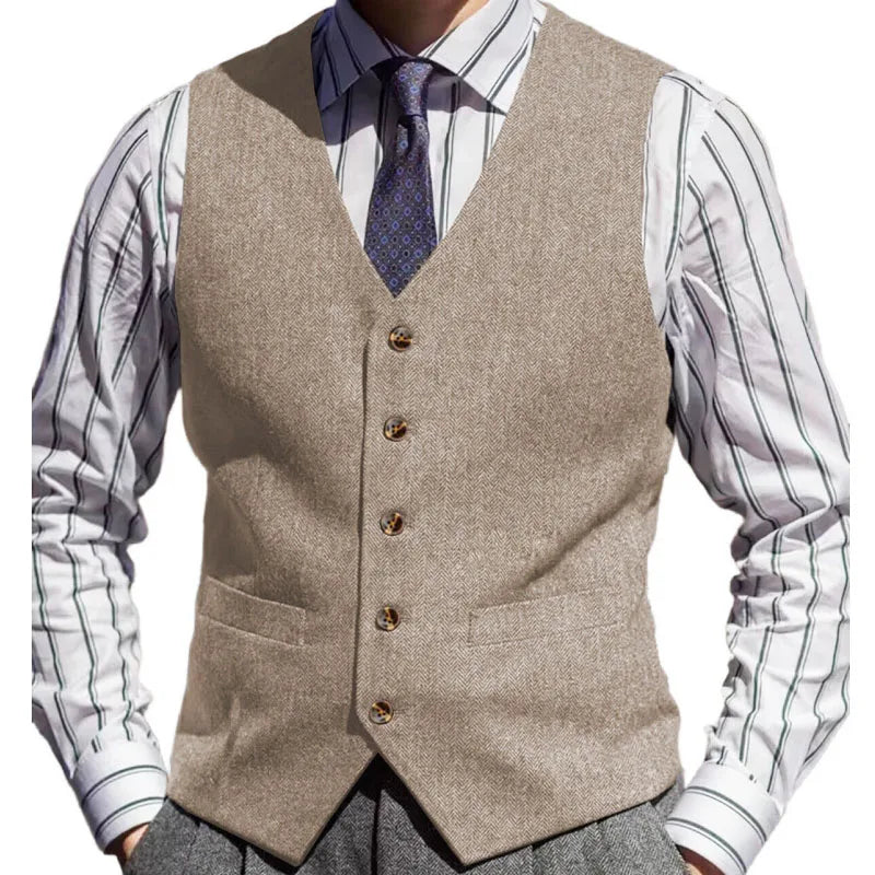 Men Vest Brown Herringbone Solid Color V Neck Waistcoat For Wedding Business Banquet Work Formal Daily Casual Men Suit Vest