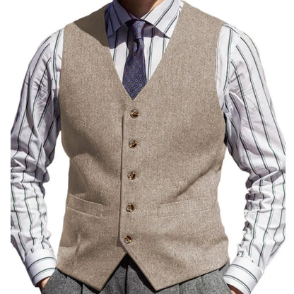 Men Vest Brown Herringbone Solid Color V Neck Waistcoat For Wedding Business Banquet Work Formal Daily Casual Men Suit Vest