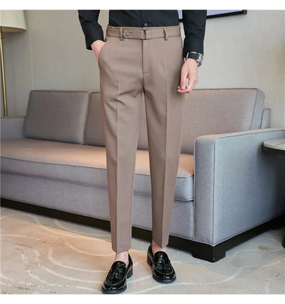 Fashion Belt Decoration Design Men's Suit Pants High Quality Business Slim Fit Casual Straight Formal Wedding Party Trousers
