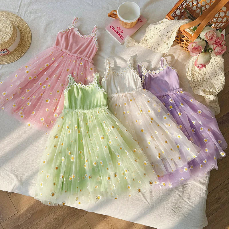 Girls Casual Dresses Little Daisy Flower Mesh Dress for Girls Summer Camisole Pompadour Dress Girls Clothes for2 To 7 Years