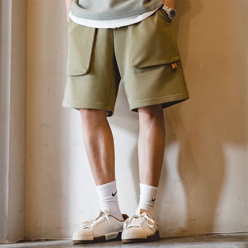 Casual Heavyweight Knit Shorts for Men Straight Loose Large Pockets Sports Short Sweatpants Elastic Waist Athletic Shorts