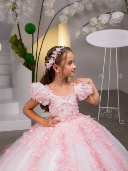 Blush Pink Lace Flower Girl Dress Princess Ballgown Little Girls Wedding Dress Toddle Kids Birthday Party Gowns Customized