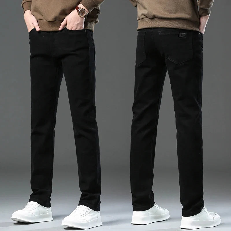 Men’s Korean Style Slim Straight Jeans Spring Cotton Stretch Denim Pants Comfort Fitted Casual Fashion Soft Male Daily Trousers