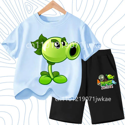 Children's Plants Vs. Zombies Short-Sleeved T-Shirt Set Cotton Summer Fashion Comfortable Top+pants for Boys and Girls