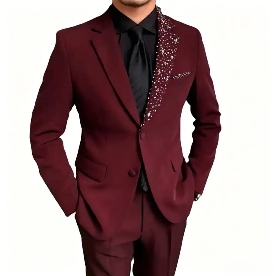 Luxury Formal Wedding Tuxedo with Beads Details 2 Pieces Slim Fit Men Suits for Groom Prom Party Blazer Jacket Pants Set Outfit