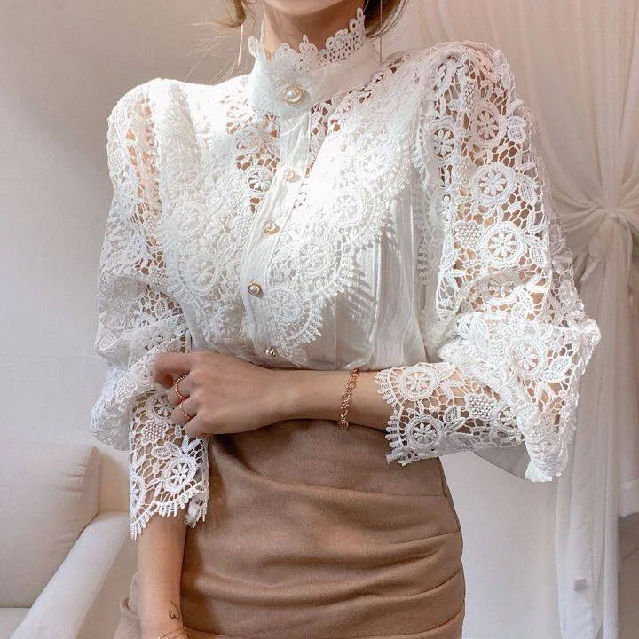 Vintage Solid White Lace Blouse Shirts Women New Korean Button Loose Shirt Tops Female Hollow Casual Ladies Blouses Blusas