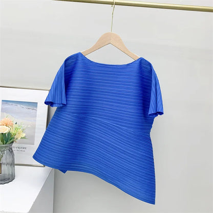 Miyake Irregular Short Sleeve Pleated Top Simple Loose Plus Size with Stretch T-Shirt Vacation Office Clothing Polyester Crepe