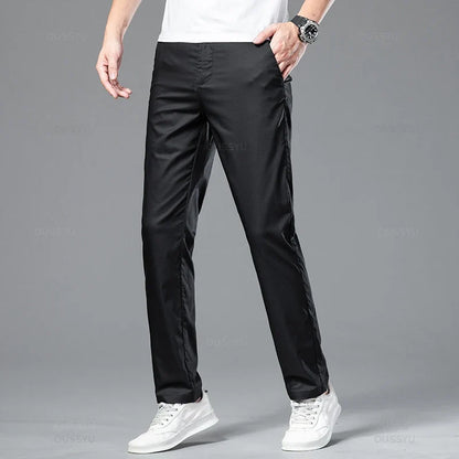 New Summer Cosy Soft Bamboo Fiber Straight Suit Pants Men Business Stretch Thin Navy Blue Casual Trousers Male Large Size 40 42