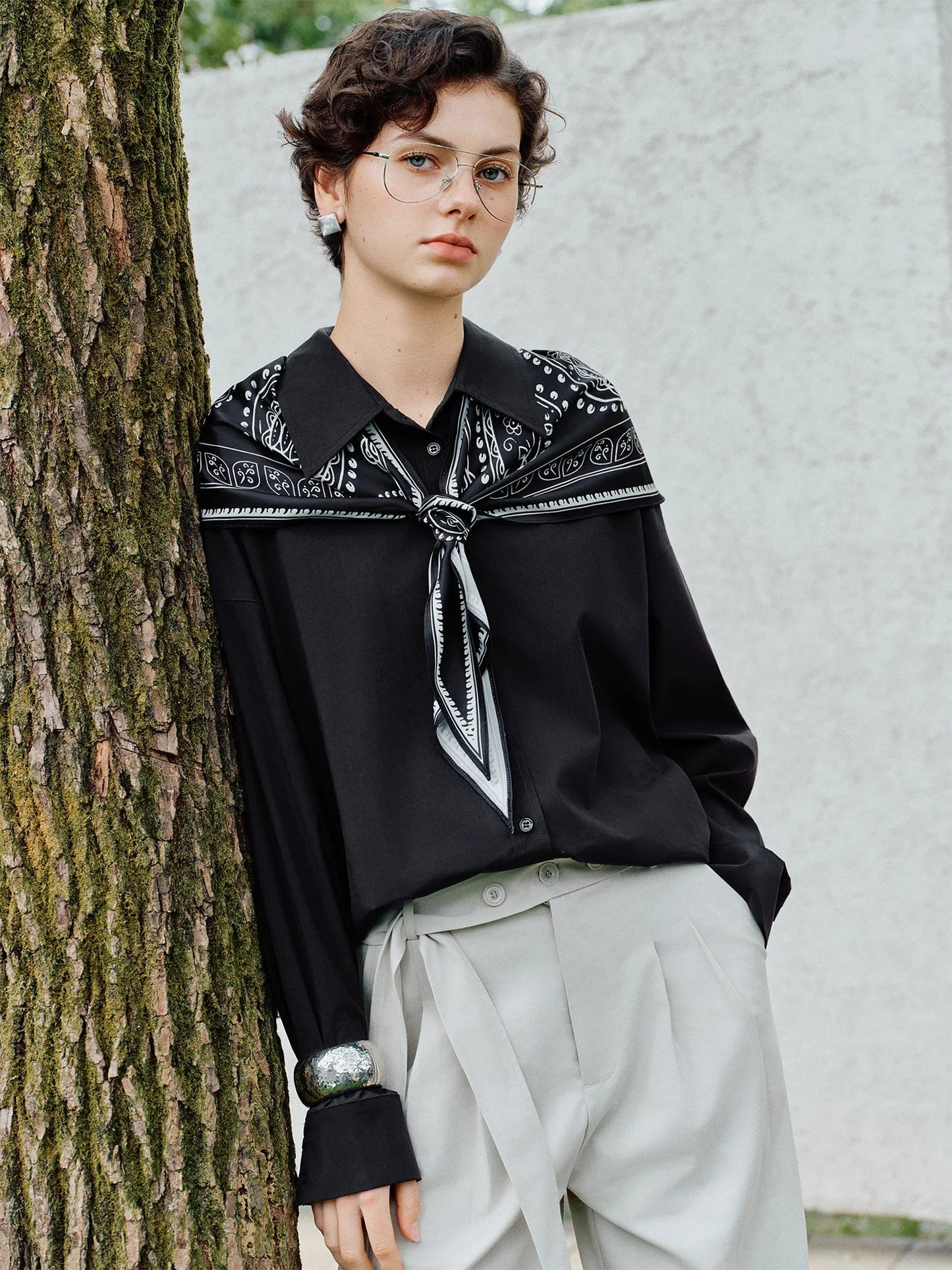 Vintage Print Long Sleeve Blouse for Women with Silk Scarf Collar Turned-Up Collar Commute Casual 2026 New Arrival Shirts