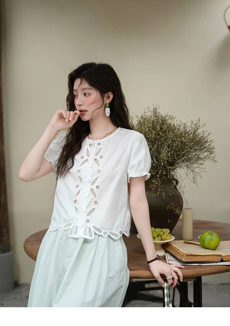 100%Cotton Hollow Embroidery Round Neck Shirt for Women 2025 Summer Puff Sleeve Casual Top Women's Clothing MXE39X1938