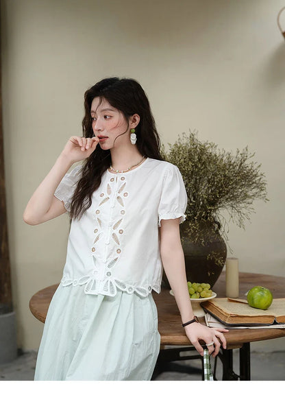 100%Cotton Hollow Embroidery Round Neck Shirt for Women 2025 Summer Puff Sleeve Casual Top Women's Clothing MXE39X1938