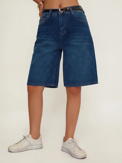 Women's Loose Fit Casual Denim Shorts Deep Blue American Style Spring Summer Suitable All-Match Ladies Jeans Shorts