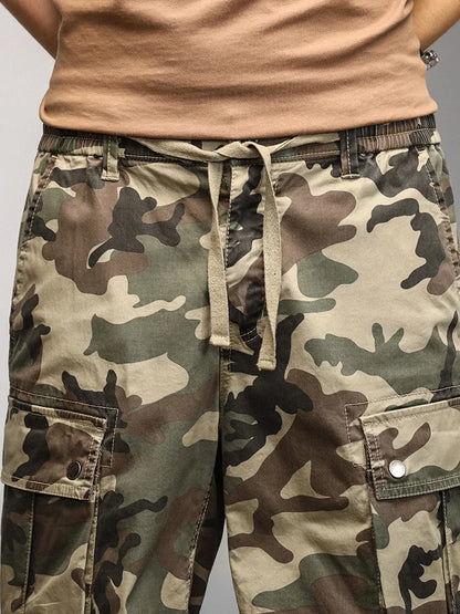 2024 Men's Shorts Camouflage Grey Summer Casual Elastic Waist Knee Length Camo Cargo Short Men Stretch Drawstring Cotton Bermuda