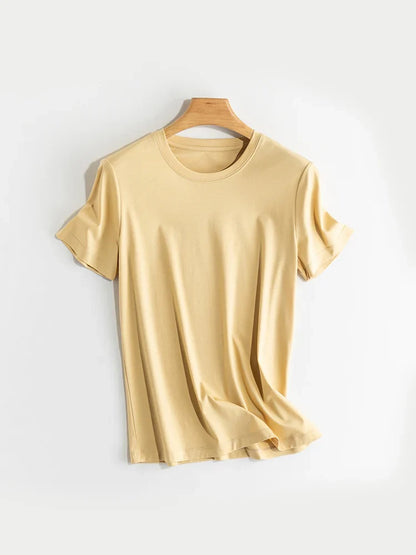 Women Solid T shirts, Silk Cotton Blend, O Neck, Short Sleeved Solid Tee,2025 Summer Candy Colors Basic Cozy Top Green