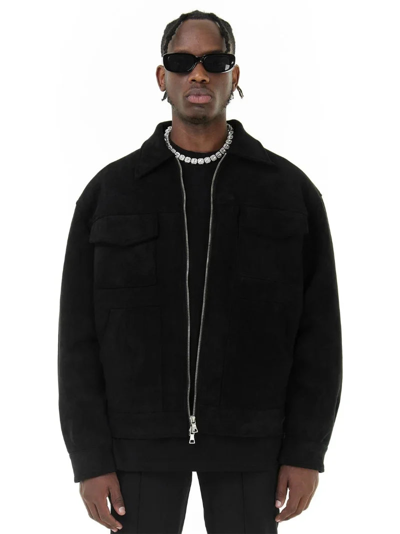 Autumn Jackets Oversize Casual Clothes High Street Pockets Laper Zipper Suede Thick Coat Mens Windbreaker Loose