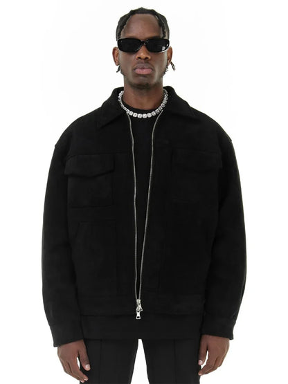 Autumn Jackets Oversize Casual Clothes High Street Pockets Laper Zipper Suede Thick Coat Mens Windbreaker Loose