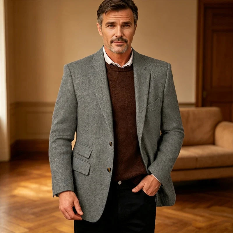 Vintage Men's Herringbone Tweed Blazer Notch Lapel 2 Button Slim Fit Suit Jacket Casual Business for Office Wedding Daily Wear