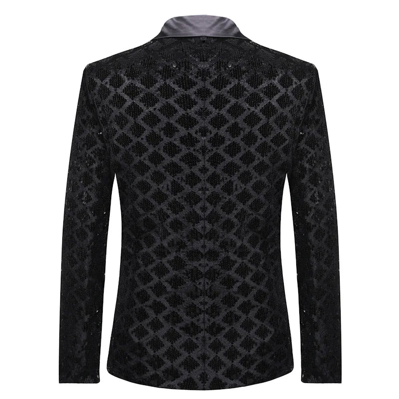 2026 Gold Men's Black Collar Suit Jacket, Glitter Sequin Decoration Wedding Party Dress Coat Black Silver Fashion Blazers.