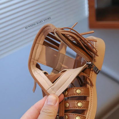 England Style Fashion Tassel Sandals Summer New Side Zipper Rivet High-top Sandals Student Beige Brown Roman Shoes Fringe I05235