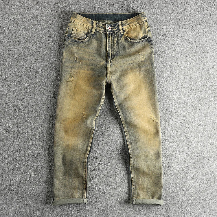 Do old wash retro American trend jeans men's catwhiskers embroidery craft comfortable straight leg casual pants